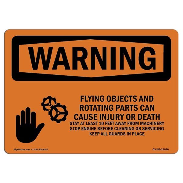 OSHA Sign, Flying Objects & Rotating Parts, 5in X 3.5in Decal, 10PK, 3.5